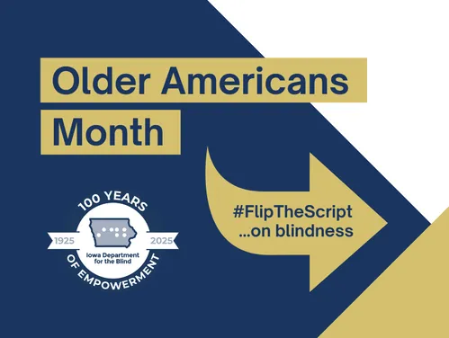 Graphic that reads "Older Americans Month" with navy blue, white, and gold colors.