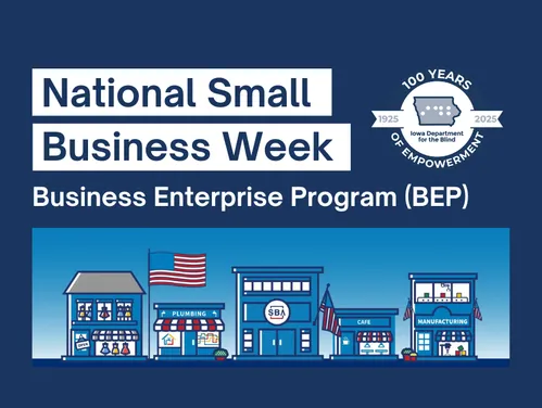 Graphic with illustrated small businesses with text to the side that reads "National Small Business Week"