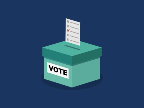 Navy blue graphic with a paper ballot going into a green box labeled "vote"