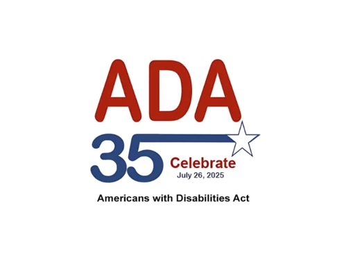 A graphic with a white background with red and blue words that read "Celebrate, ADA, and 35"