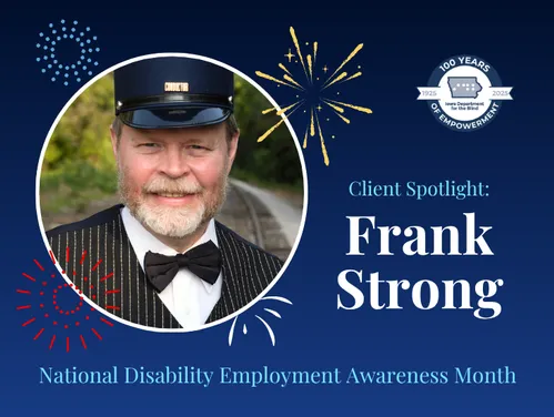 A smiling man in a train conductor uniform featured in a blue graphic with text reading “Client Spotlight: Frank Strong"