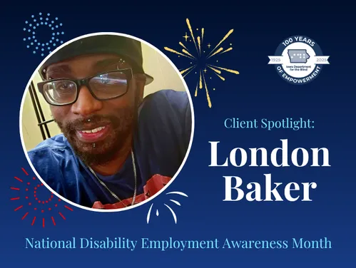A selfie of a man with a backwards hat and glasses with text next to him that reads “Client Spotlight: London Baker"