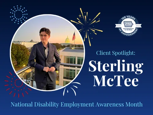 A young man in a suit stands on a rooftop overlooking the U.S. Capitol with text next to him that reads “Client Spotlight: Sterling McTee"