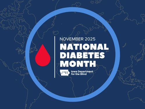 Graphic reading “National Diabetes Month” with a red droplet icon inside a blue circle on a dark blue world map background.