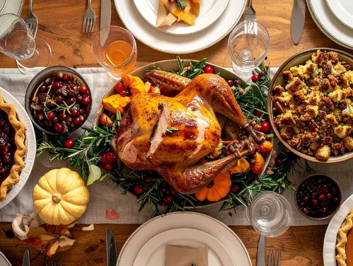 Thanksgiving table set with a roasted turkey, stuffing, pies, and assorted fall decorations.