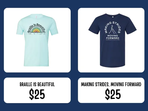 Two graphic T-shirts displayed with prices, promoting a fundraiser benefiting the Iowa Library for the Blind and Physically Handicapped.
