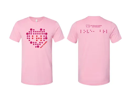 Front and back of pink t-shirts with braille dots that spell the work "braille" in a heart pattern