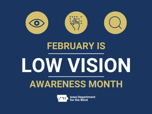 Graphic reads “February is Low Vision Awareness Month” with vision and accessibility icons