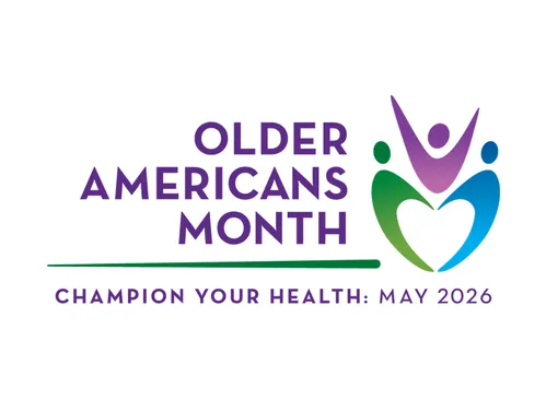Purple text reads "Older Americans Month" with a heart shaped symbol to the right