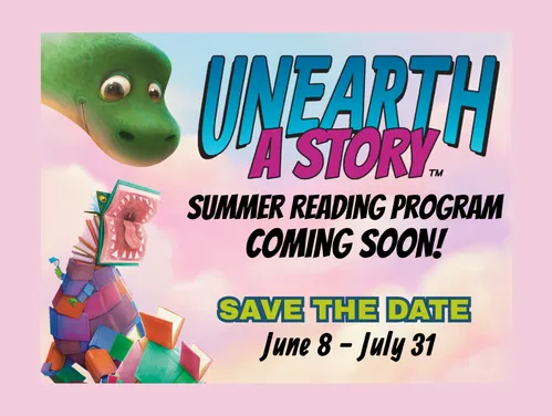 Cartoon dinosaurs smile next to books and text that reads "unearth your story"