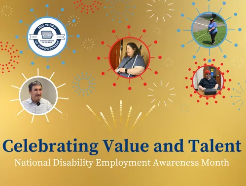 A gold graphic with pictures of IDB clients and text that reads "Celebrating Value and Talent"