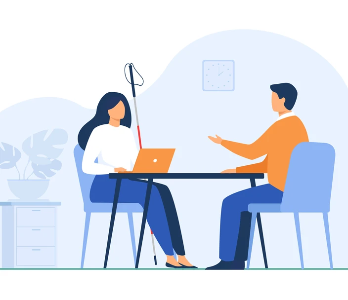 Digital illustration of a woman with a white cane, sitting at a table conversing with a man