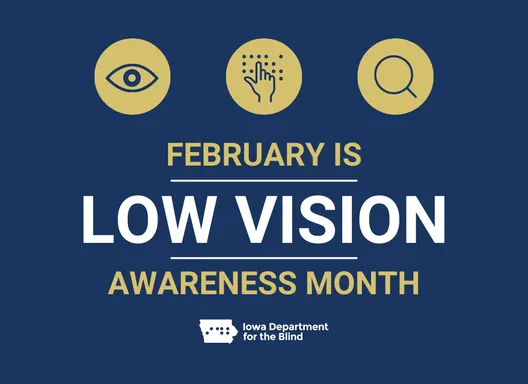 Graphic reads “February is Low Vision Awareness Month” with vision and accessibility icons
