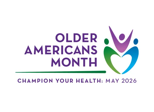 Purple text reads "Older Americans Month" with a heart shaped symbol to the right