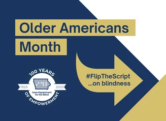 Graphic that reads "Older Americans Month" with navy blue, white, and gold colors.