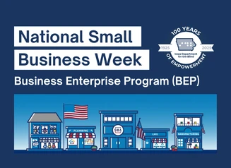 Graphic with illustrated small businesses with text to the side that reads "National Small Business Week"
