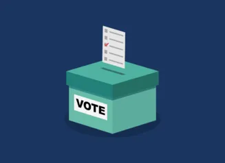 Navy blue graphic with a paper ballot going into a green box labeled "vote"