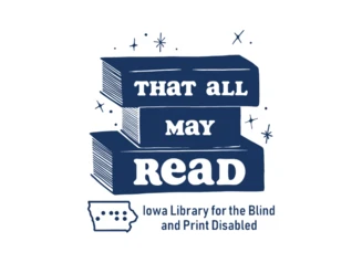A graphic with a white background and a pile of navy blue books with text that reads "That all may read"