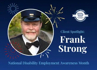 A smiling man in a train conductor uniform featured in a blue graphic with text reading “Client Spotlight: Frank Strong"