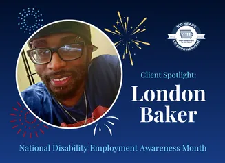 A selfie of a man with a backwards hat and glasses with text next to him that reads “Client Spotlight: London Baker"
