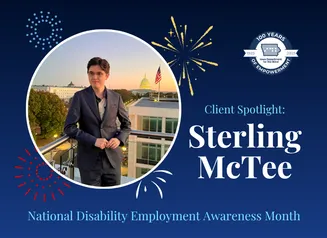 A young man in a suit stands on a rooftop overlooking the U.S. Capitol with text next to him that reads “Client Spotlight: Sterling McTee"