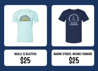 Two graphic T-shirts displayed with prices, promoting a fundraiser benefiting the Iowa Library for the Blind and Physically Handicapped.