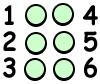 Braille cell numbered 1 to 3 in the first column, and 4 to 6 in the second column