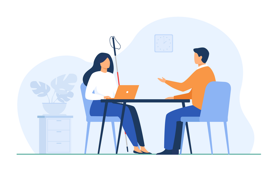 Digital illustration of a woman with a white cane, sitting at a table conversing with a man