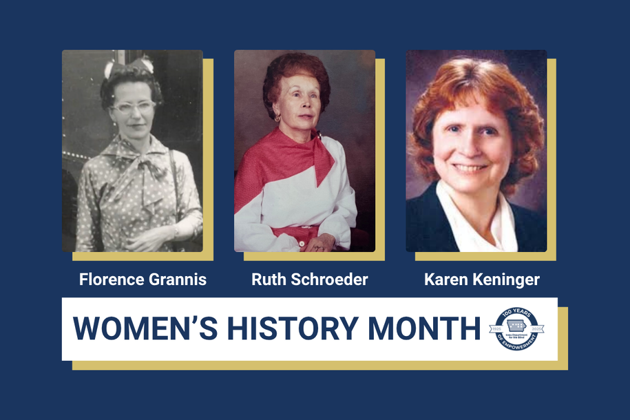 Blue graphic with three headshot of different women and text that reads "women's history month"